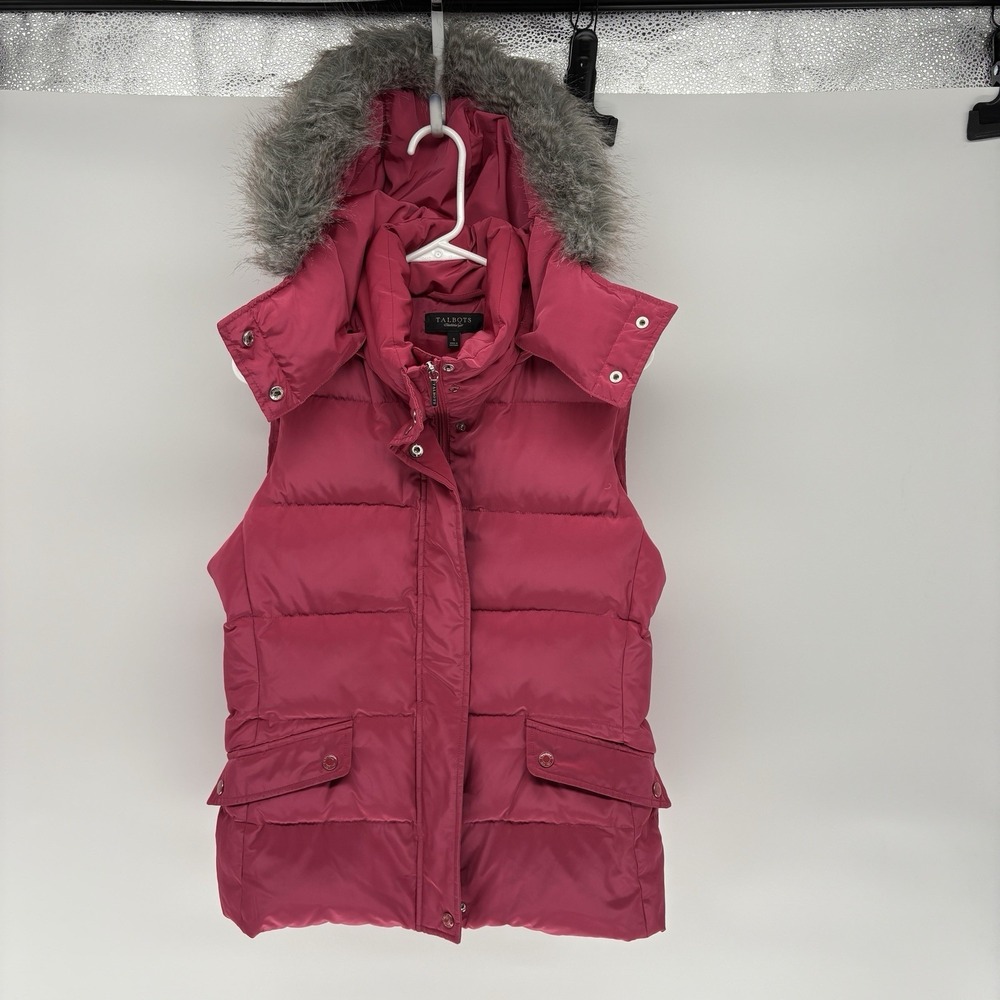 Talbot's Pink Goose Down Puffer Vest  Removable Fur Hood Women‎ Small